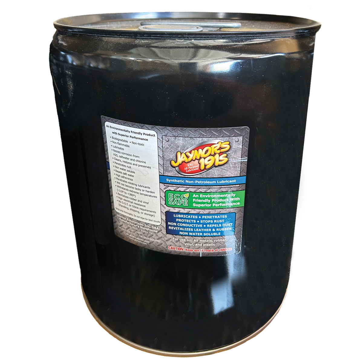 A 5 gallon pail of Jaymor's all-purpose synthetic lubricant.