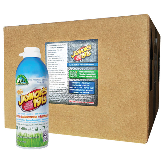 A 12 pack box of 9.5oz aerosol cans of Jaymor's all-purpose synthetic lubricant.