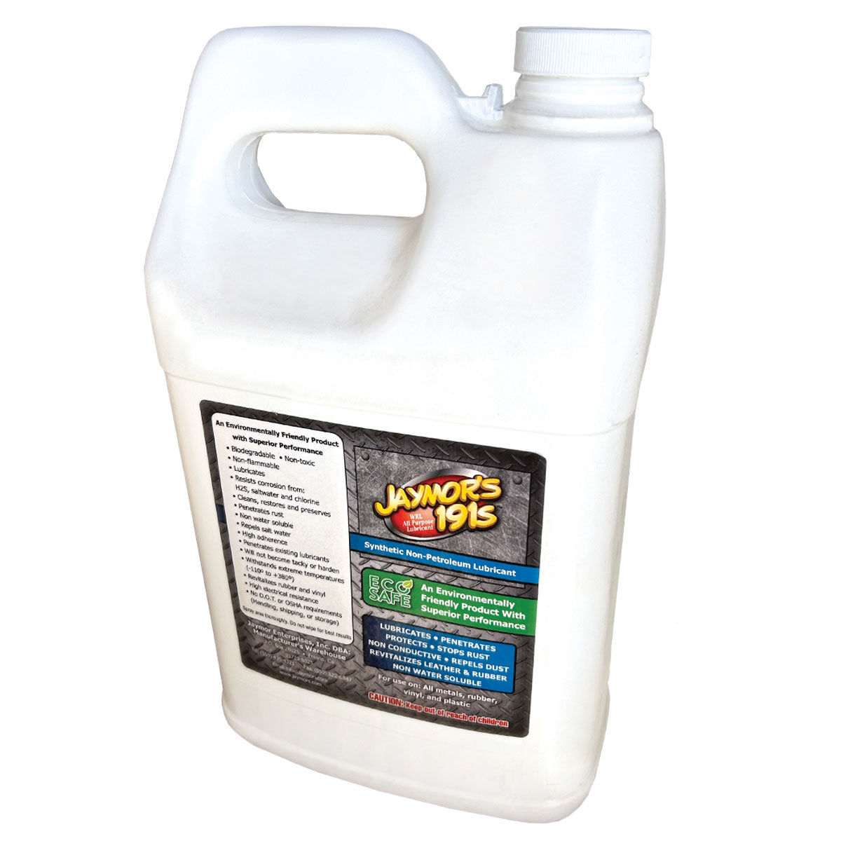 A gallon jug of Jaymor's all-purpose synthetic lubricant.