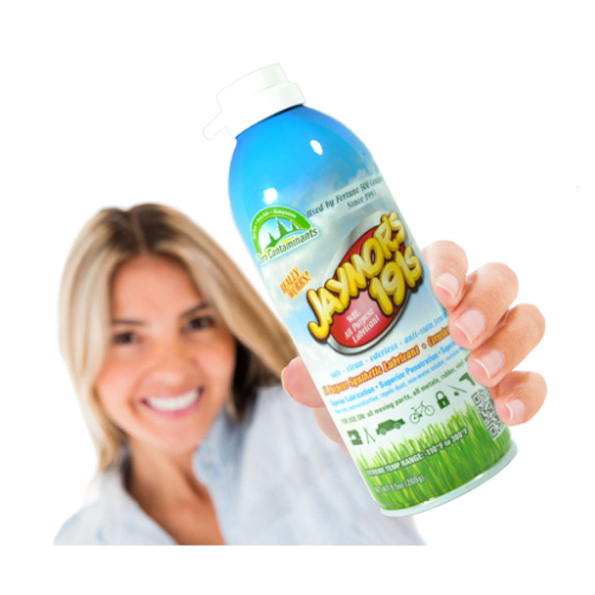 A 9.5oz aerosol can of Jaymor's all-purpose synthetic lubricant being held up by a lady.