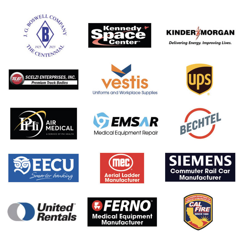 Logos of other types of industry customers of Jaymor's synthetic lubricant.