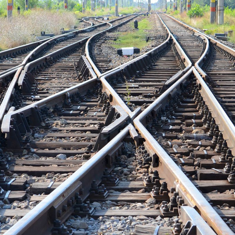 A set of railroad track switches and railroad tracks.